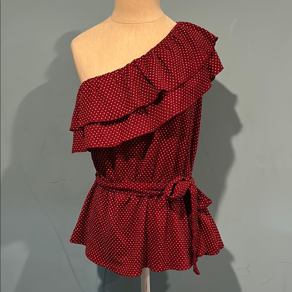 Maeve by Anthropologie Rita Ruffled One-Shoulder Top Medium Wine Polka Dot
